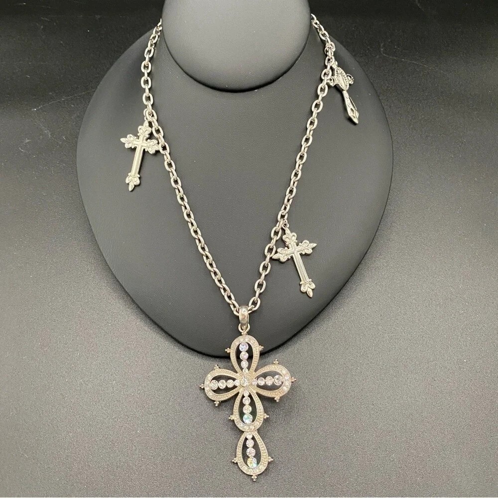 Gothic Multi-Cross Silver Tone Necklace 23in